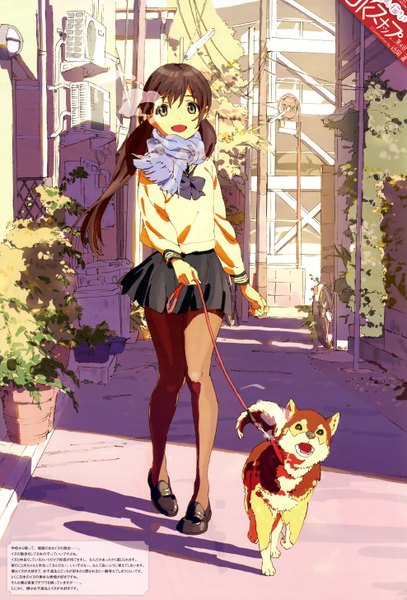 Anime picture 3949x5818 with original chikaoka sunao single long hair tall image highres open mouth brown hair standing twintails green eyes absurdres scan shadow girl skirt animal scarf bowtie dog