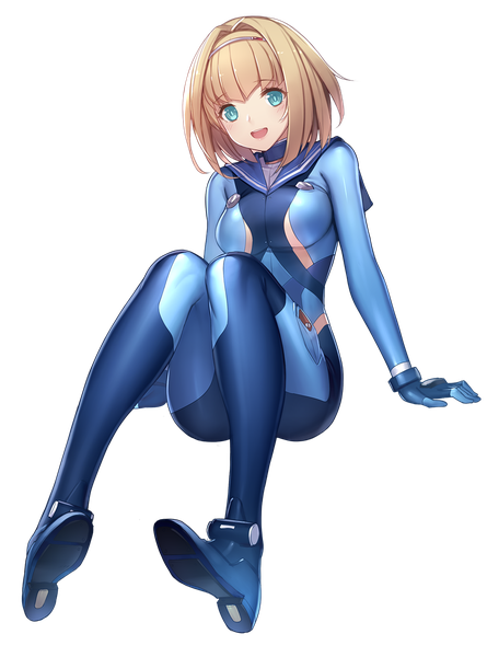 Anime picture 1043x1405 with heavy object j.c. staff milinda brantini pen (steelleets) single tall image looking at viewer blush short hair open mouth blue eyes light erotic blonde hair full body transparent background girl bodysuit