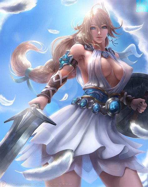 Anime picture 850x1076 with soulcalibur namco (studio) sophitia alexandra limgae single long hair tall image looking at viewer blush fringe breasts blue eyes light erotic blonde hair hair between eyes large breasts standing holding sky cloud (clouds)
