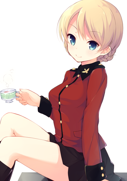 Anime picture 900x1273 with girls und panzer darjeeling (girls und panzer) mimura zaja single tall image looking at viewer blush short hair blue eyes simple background blonde hair smile white background sitting arm support steam girl uniform military uniform cup