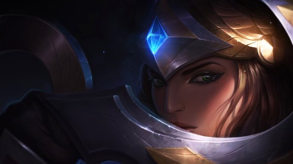 Anime picture 1920x1080 with league of legends sivir (league of legends) single highres blonde hair wide image green eyes looking away parted lips lips mole official art wallpaper mole under eye glowing eyebrows eyeshadow girl armor helmet