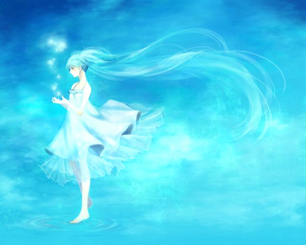 Anime picture 1500x1200 with vocaloid hatsune miku tagme (artist) single long hair blue eyes twintails barefoot wind aqua hair blue background girl dress white dress