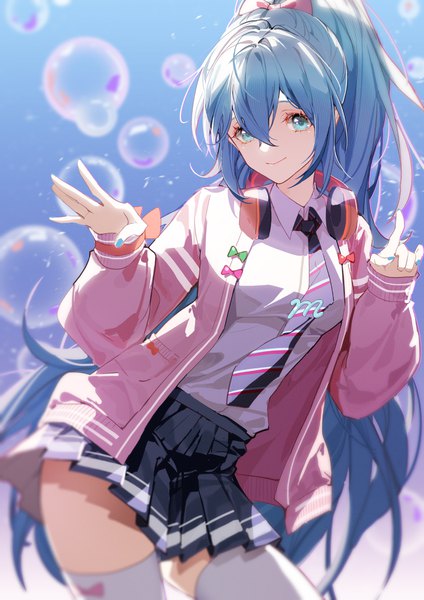 Anime picture 1000x1415 with project diva vocaloid hatsune miku indai (3330425) single tall image looking at viewer fringe smile hair between eyes blue hair ponytail very long hair nail polish pleated skirt aqua eyes headphones around neck ribbon girl (module) girl thighhighs