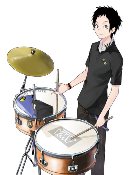 Anime picture 1000x1347 with yozakura quartet hiizumi akina suzuhito yasuda single tall image looking at viewer short hair black hair simple background smile white background black eyes boy t-shirt badge drum set drumsticks