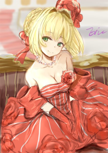 Anime picture 992x1403 with fate (series) fate/extra nero claudius (fate) (all) nero claudius (fate) eric (tianqijiang) single tall image fringe short hair breasts blonde hair hair between eyes sitting bare shoulders green eyes signed cleavage head tilt from above light smile