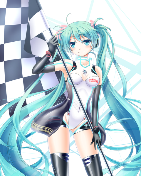 Anime picture 960x1200 with vocaloid goodsmile racing hatsune miku racing miku racing miku (2011) nanatsuba single tall image looking at viewer blush twintails very long hair aqua eyes aqua hair covered navel girl thighhighs gloves elbow gloves headphones