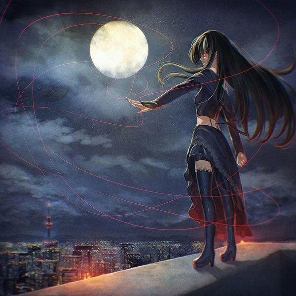 Anime picture 827x827 with original ibuki notsu single long hair fringe red eyes brown hair standing looking away cloud (clouds) night night sky outstretched arm city cityscape city lights girl skirt boots building (buildings)