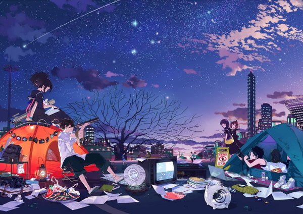 Anime-Bild 2455x1736 mit original vaio hpknight long hair highres short hair black hair brown hair sitting multiple girls cloud (clouds) ponytail lying eyes closed night multiple boys night sky city city lights bare tree