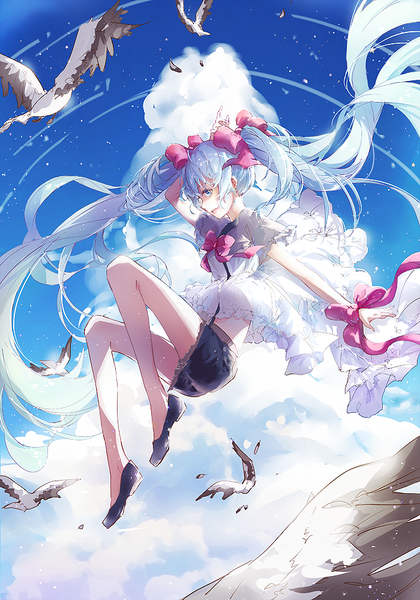 Anime picture 700x1000 with vocaloid sekiranun graffiti (vocaloid) hatsune miku kinokohime single tall image looking at viewer fringe blue eyes twintails sky cloud (clouds) very long hair aqua hair legs happy girl bow ribbon (ribbons) hair bow