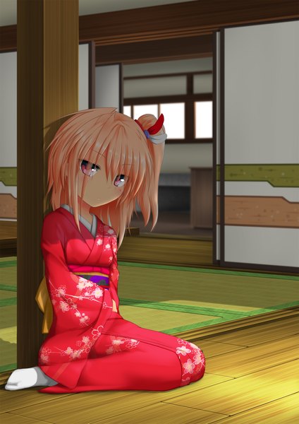Anime picture 1500x2122 with original basa rutan single tall image looking at viewer fringe short hair blonde hair sitting ponytail traditional clothes japanese clothes wide sleeves side ponytail girl hair ornament socks kimono white socks obi