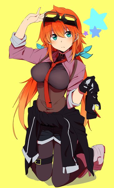 Anime picture 2086x3429 with original amano tora kazenoko single long hair tall image looking at viewer highres breasts simple background twintails green eyes full body orange hair kneeling low twintails yellow background goggles on head adjusting glasses clothes around waist