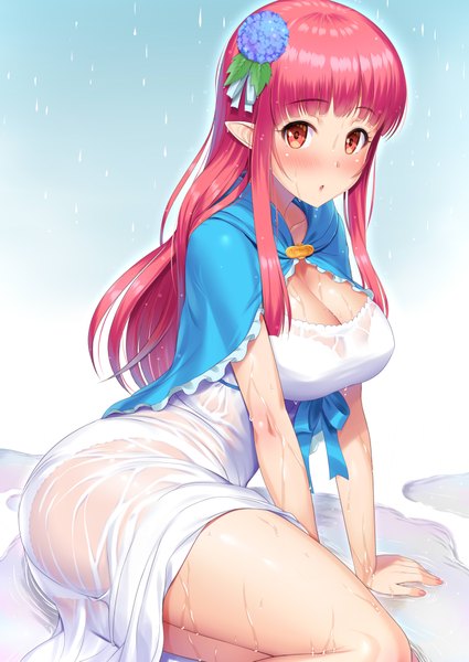 Anime picture 1432x2023 with sword art online a-1 pictures rain (sao) kawase seiki single long hair tall image looking at viewer blush fringe breasts open mouth light erotic red eyes large breasts pink hair cleavage hair flower pointy ears arm support