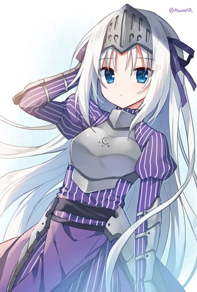 Anime picture 600x888 with kore wa zombie desu ka? studio deen eucliwood hellscythe mauve single long hair tall image looking at viewer blue eyes signed silver hair twitter username striped girl armor armored dress