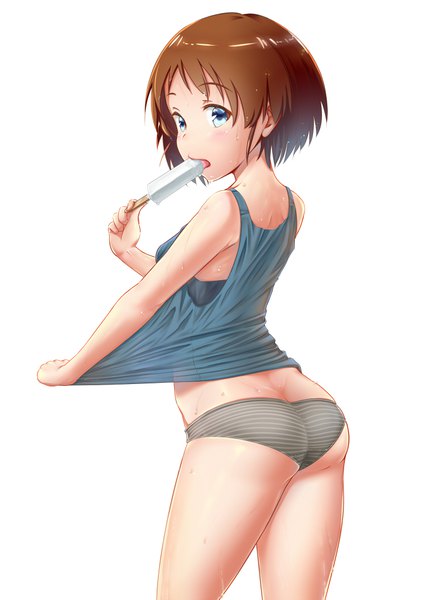 Anime picture 706x1000 with girls und panzer sakaguchi karina yaoyasan single tall image looking at viewer blush fringe short hair blue eyes light erotic simple background brown hair standing white background holding ass looking back from behind sweat