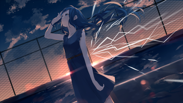 Anime picture 1000x562 with achiki single long hair fringe blue eyes wide image standing blue hair looking away sky cloud (clouds) ahoge wind sunlight evening sunset looking up girl dress bracelet
