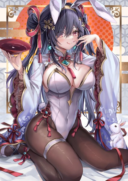 Anime picture 1447x2047 with original akami770 single long hair tall image looking at viewer blush fringe breasts light erotic black hair smile red eyes large breasts sitting holding animal ears bent knee (knees) tail nail polish
