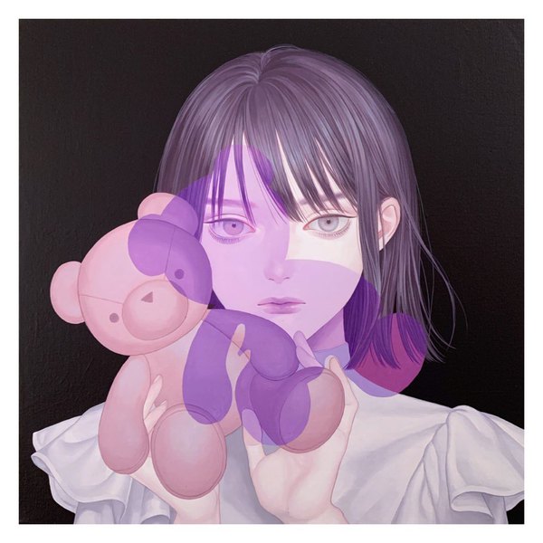 Anime picture 1080x1080 with original konno mayumi single looking at viewer fringe short hair black hair realistic grey eyes border black background portrait expressionless traditional media surreal girl toy stuffed animal stuffed toy teddy bear