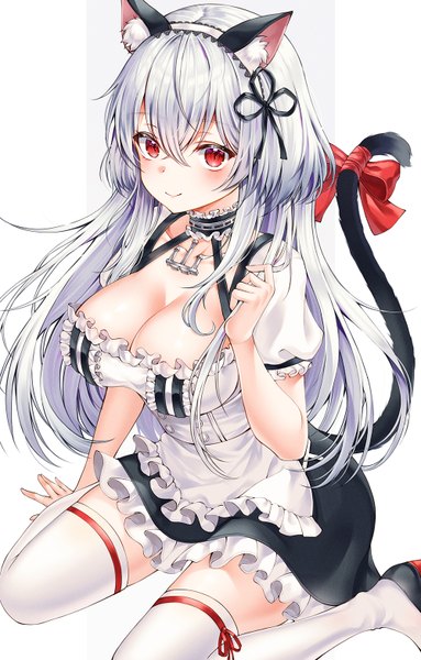 Anime picture 1000x1566 with azur lane sirius (azur lane) mellozzo single long hair tall image looking at viewer blush fringe breasts light erotic simple background hair between eyes red eyes large breasts sitting animal ears cleavage silver hair tail