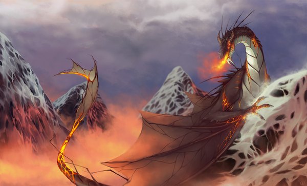 Anime picture 1600x970 with unodu single wide image orange eyes smoke mountain no people fantasy fire dragon