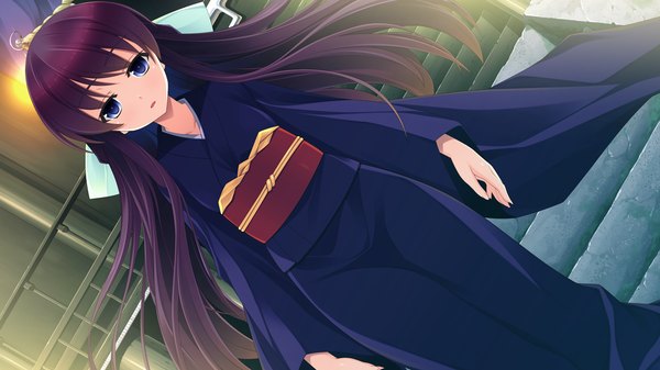 イラスト 1280x720 と hyouka no mau sora ni mio (hyouka no mau sora ni) 長髪 青い目 wide image game cg purple hair 和服 女の子 着物 帯