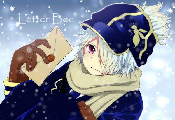 Anime picture 2048x1414 with tegami bachi lag seeing yukayuka118 single looking at viewer blush fringe highres short hair sitting holding upper body hair over one eye copyright name snowing boy gloves uniform hat scarf