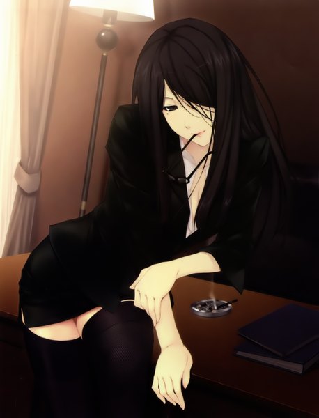 Anime picture 2270x2970 with caucasus minakami narumi sugina miki single long hair tall image looking at viewer fringe highres breasts black hair large breasts sitting holding brown eyes bent knee (knees) head tilt light smile lips hair over one eye