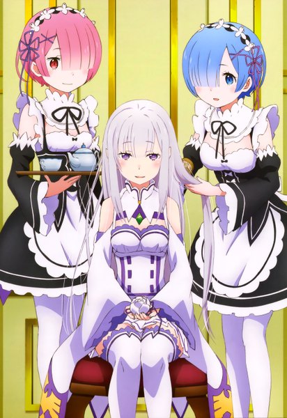 Anime picture 4080x5941 with re:zero kara hajimeru isekai seikatsu white fox nyantype rem (re:zero) emilia (re:zero) ram (re:zero) long hair tall image looking at viewer blush fringe highres short hair open mouth blue eyes red eyes purple eyes multiple girls blue hair pink hair