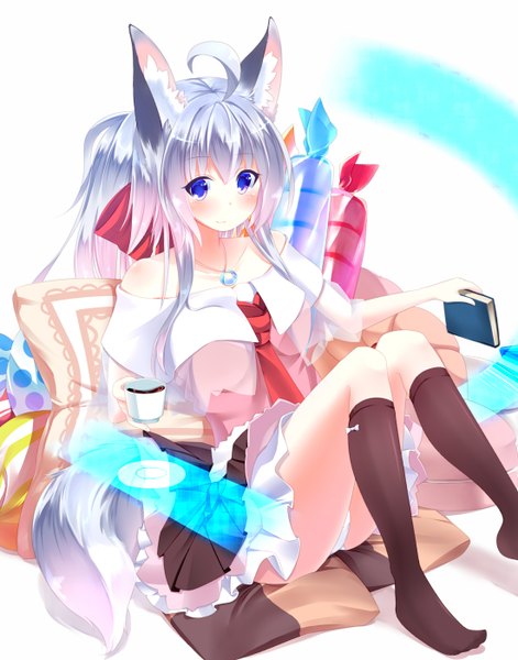 Anime picture 1100x1400 with original autumn dawn single long hair tall image blush blue eyes light erotic simple background white background sitting bare shoulders animal ears looking away silver hair ahoge bent knee (knees) ponytail tail animal tail