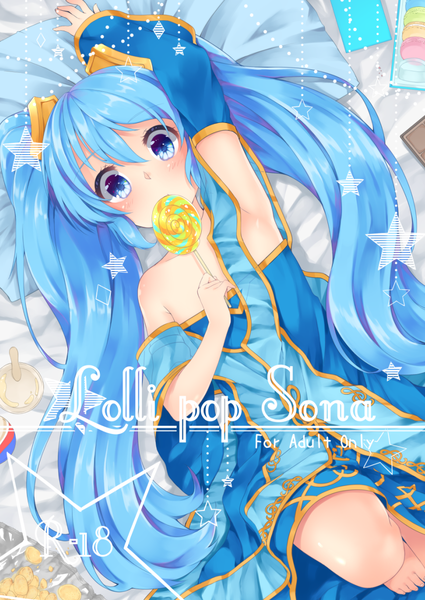 Anime picture 860x1215 with league of legends sona buvelle repachi (sicp) single long hair tall image looking at viewer blush fringe blue eyes twintails blue hair bent knee (knees) armpit (armpits) girl dress detached sleeves food sweets candy