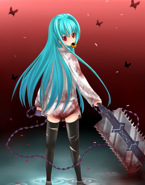 Anime picture 2480x3152 with cube x cursed x curious silver link fear kubrick brightdark (atrahasis) single long hair tall image highres red eyes holding looking back aqua hair mouth hold girl thighhighs weapon black thighhighs food insect butterfly