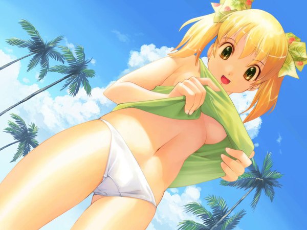 Anime picture 1024x768 with short hair breasts light erotic blonde hair twintails underboob shirt lift underwear panties ribbon (ribbons) hair ribbon