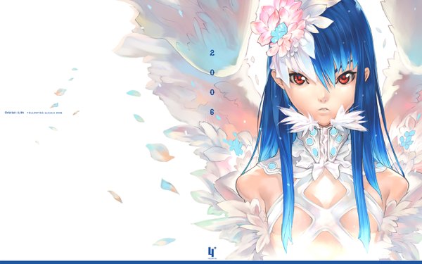 Anime picture 1280x800 with hakua ugetsu long hair red eyes wide image blue hair wallpaper flower (flowers) wings