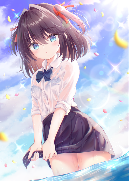 Anime picture 1191x1670 with original moe2022 liuliu single tall image looking at viewer fringe short hair blue eyes light erotic black hair hair between eyes sky cloud (clouds) outdoors multicolored hair sparkle two side up partially submerged wet clothes