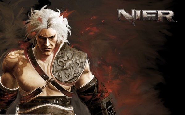Anime picture 2560x1600 with nier nier (old) single highres short hair wide image white hair inscription muscle boy armor