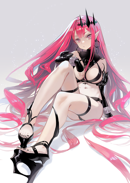 Anime picture 777x1087 with fate (series) fate/grand order baobhan sith (fate) ritsuki single tall image breasts light erotic simple background large breasts sitting pink hair full body very long hair nail polish pink eyes pointy ears grey background bare legs high heels