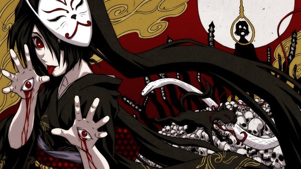 Anime picture 1280x720 with vocaloid musunde hiraite rasetsu to mukuro (vocaloid) hatsune miku iga tomoteru long hair black hair red eyes wide image silhouette mask on head eyes girl animal tongue blood cat mask skull snake rope