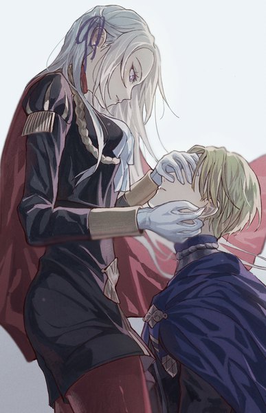 Anime picture 1322x2048 with fire emblem fire emblem: three houses nintendo edelgard von hresvelg dimitri alexandre blaiddyd soma otakuu long hair tall image short hair simple background blonde hair standing white background purple eyes white hair long sleeves looking down hands on another's face girl boy