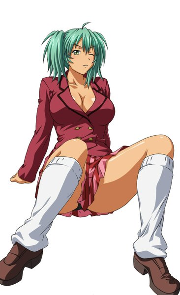 Anime picture 1000x1635 with ikkitousen ryofu housen single long hair tall image looking at viewer light erotic white background sitting twintails green eyes ahoge pleated skirt green hair short twintails girl uniform underwear panties school uniform