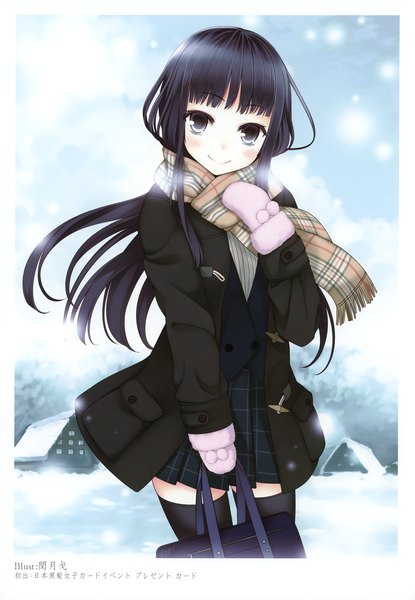 Anime picture 2406x3475 with original uruu gekka single long hair tall image looking at viewer blush highres black hair smile black eyes scan winter girl skirt uniform school uniform jacket scarf school bag