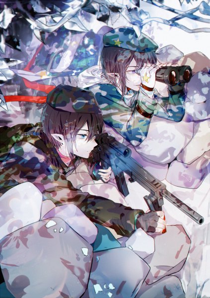 Anime picture 1000x1418 with aotu world lei shi kamier kanose tall image fringe short hair blue eyes black hair hair between eyes looking away lying pointy ears multiple boys on stomach boy gloves weapon fingerless gloves gun
