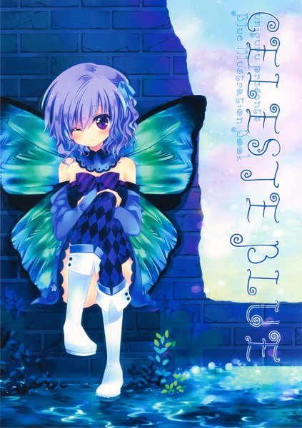 Anime picture 2570x3641 with original konno kengo single tall image highres short hair purple eyes bare shoulders purple hair one eye closed wink inscription insect wings butterfly wings girl ribbon (ribbons) hair ribbon detached sleeves thigh boots wall