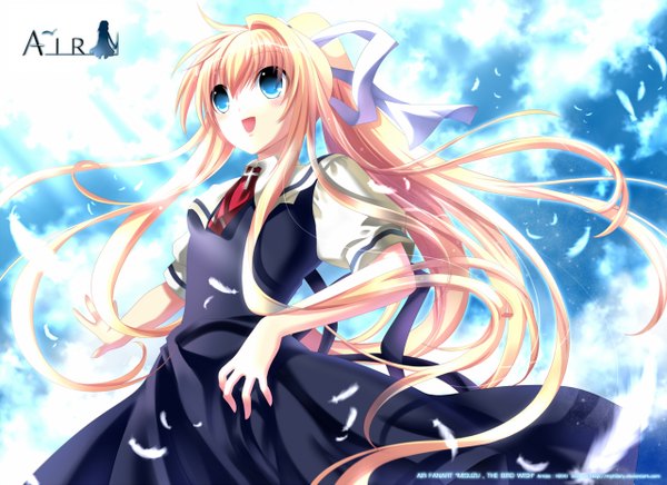 Anime picture 1280x932 with air key (studio) kamio misuzu myhilary single long hair blush open mouth blue eyes smile sky cloud (clouds) ponytail sunlight orange hair inscription from below girl dress ribbon (ribbons)