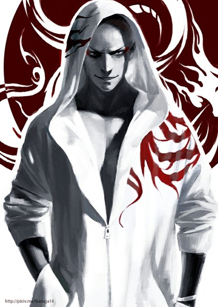 Anime picture 610x860 with bleach studio pierrot madarame ikkaku sun dou single tall image looking at viewer smile signed facial mark silver eyes hands in pockets bald boy hood