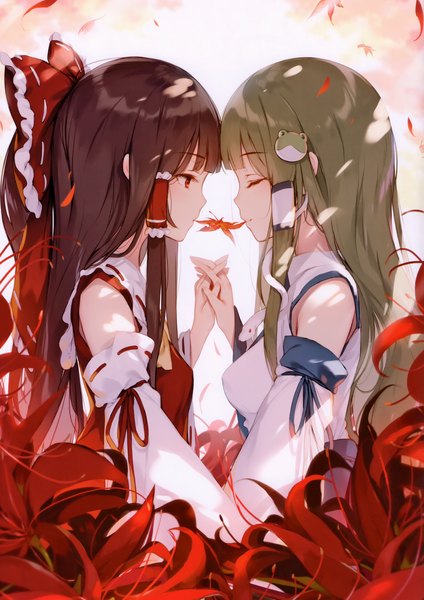 Anime picture 2421x3426 with touhou hakurei reimu kochiya sanae ke-ta long hair tall image highres breasts smile red eyes brown hair standing multiple girls holding payot upper body eyes closed profile green hair scan