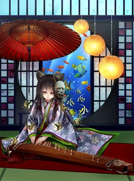 Anime picture 1000x1352 with original shio (blacksio) single long hair tall image black hair animal ears yellow eyes japanese clothes mask on head girl insect butterfly umbrella mask fish (fishes)