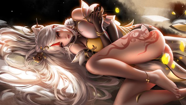 Anime picture 4000x2250 with genshin impact ningguang (genshin impact) liang xing single long hair looking at viewer fringe highres breasts light erotic red eyes wide image large breasts absurdres bent knee (knees) ass white hair lying traditional clothes parted lips