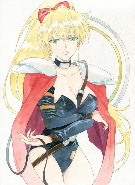 Anime picture 660x900 with next king dill purslane agahari single long hair tall image fringe breasts light erotic simple background blonde hair large breasts white background green eyes cleavage ponytail breast grab crossed arms traditional media watercolor (medium)