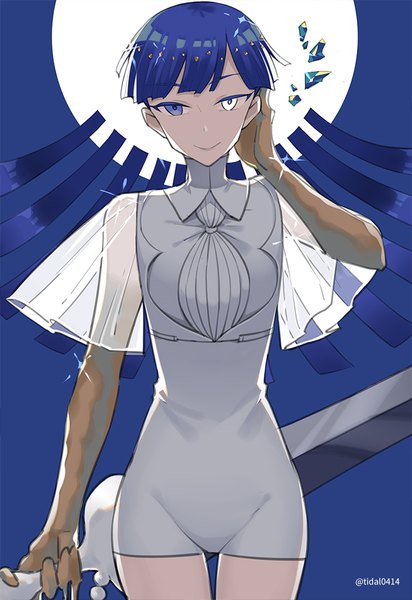 Anime picture 688x1000 with houseki no kuni phosphophyllite phosphophyllite (ll) mujun atama single tall image looking at viewer short hair smile standing signed blue hair sparkle twitter username heterochromia androgynous spoilers cutting hair uniform weapon