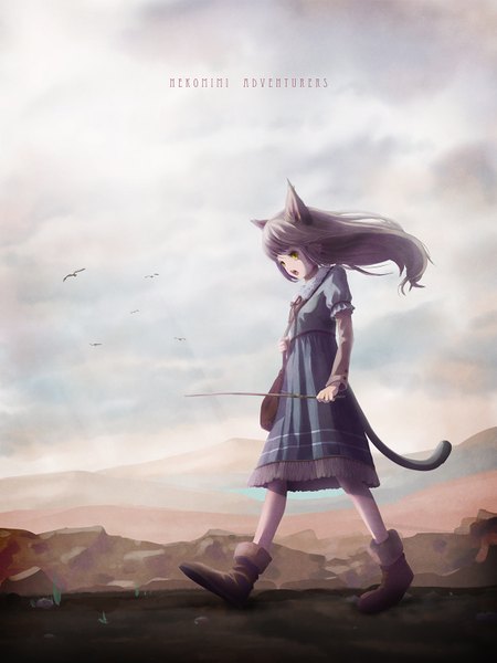 Anime picture 1200x1600 with original satyuas single long hair tall image open mouth holding animal ears yellow eyes full body tail animal tail wind grey hair cat ears cat girl cat tail text mountain english