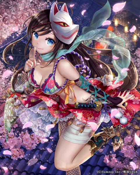 Anime picture 1000x1250 with original pisuke single long hair tall image looking at viewer breasts blue eyes light erotic black hair traditional clothes japanese clothes cherry blossoms mask on head girl weapon plant (plants) petals sword tree (trees)